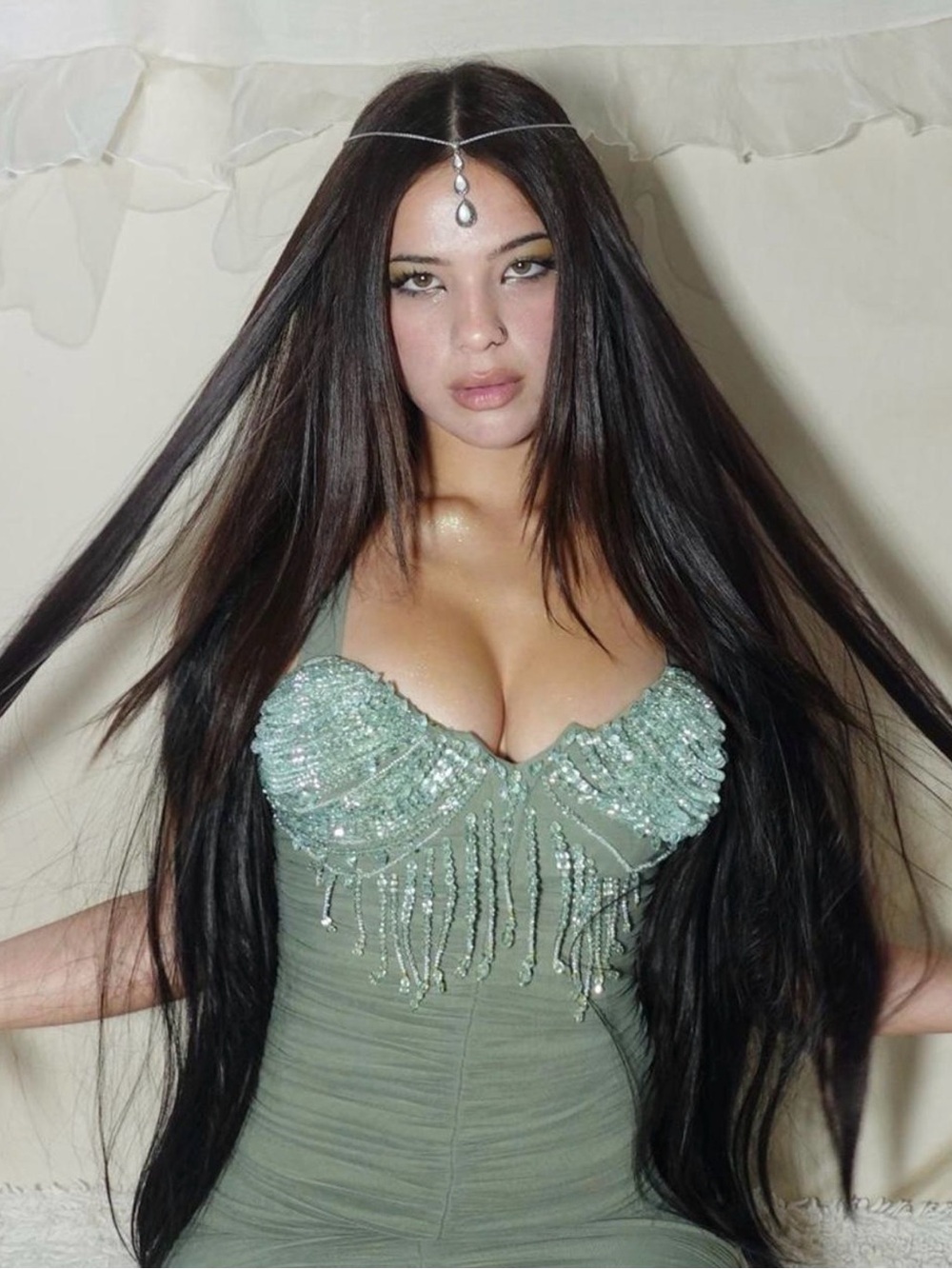 Vintage handmade beaded corset bustier mermaid mesh dress ruched